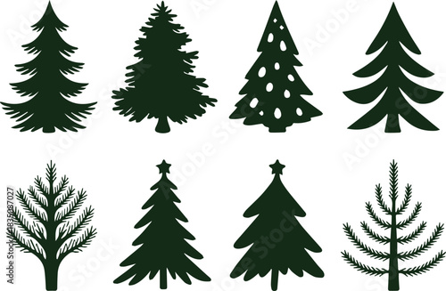 Christmas tree silhouette icons elegant festive drawing clip art collection in white background for xmas season pine tree flat icon set