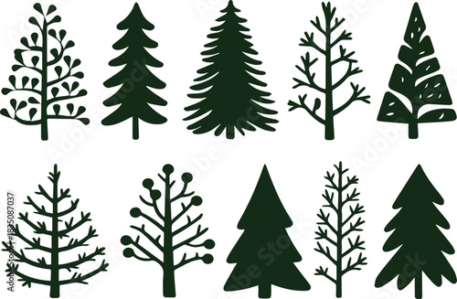 Christmas tree silhouette icons elegant festive drawing clip art collection in white background for xmas season pine tree flat icon set