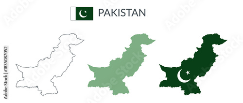 Pakistan geographical borders isolated on white background. Flag of Pakistan. Vector flat cliparts.