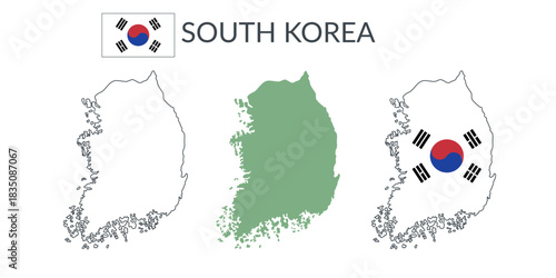 South Korea geographical borders isolated on white background. Flag of South Korea. Vector flat cliparts.