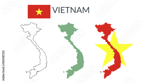 Vietnam geographical borders isolated on white background. Flag of Vietnam. Vector flat cliparts.