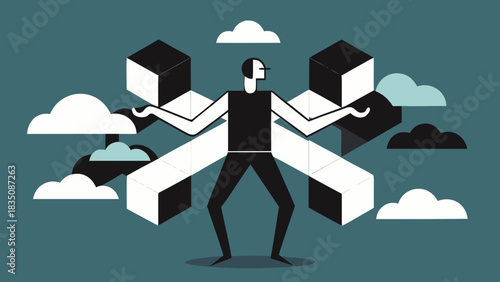 Abstract man balancing cubes with geometric shapes and clouds, symbolic concept of multitasking and responsibility 