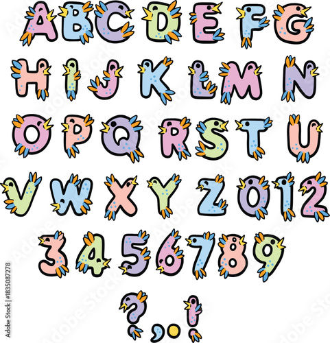 Funny cartoon bird typography font lettering ABC cartoon vector text
