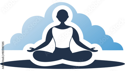 Silhouette of person meditating in lotus pose with stylized cloud background, calm wellness concept in Cloud Dancer tones