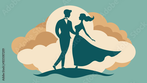 Romantic couple silhouette standing together under the moon with clouds, elegant love scene