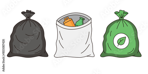 Three different waste bags including black trash, white recycling, and green compost with a leaf icon for proper sorting