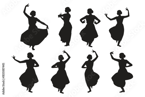 Vector illustration of Indian female dancers in traditional silhouette poses.