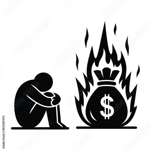 Financial loss and despair man depressed as money burns away in flames