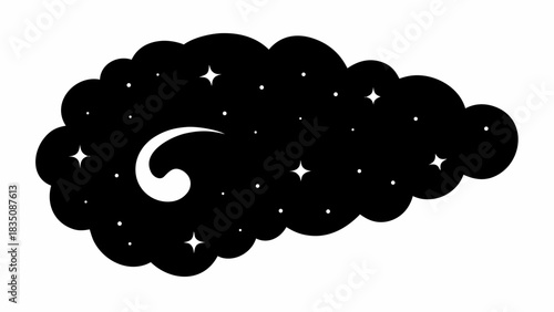 Black cloud with white crescent moon and stars scattered inside in a vector illustration