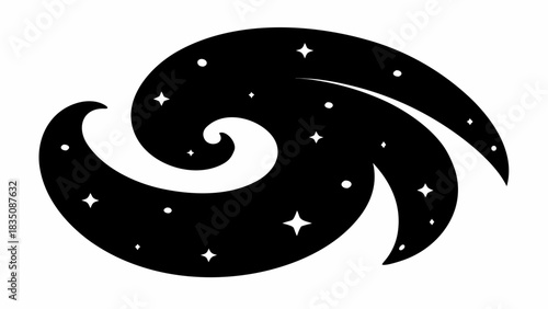 Stylized black and white galaxy with swirling arms and scattered stars illustration design here