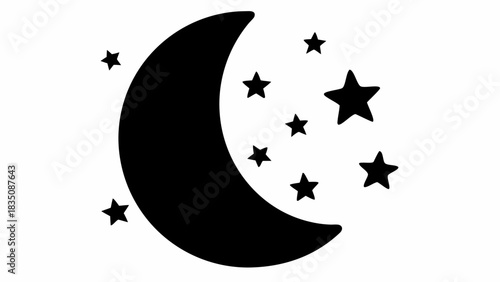 Black crescent moon with a collection of stars scattered around it on a white background design art