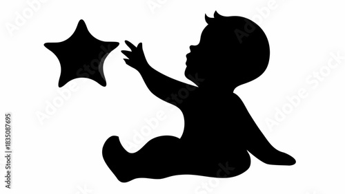 Silhouette of a baby reaching for a star shaped object in a black and white illustration style image