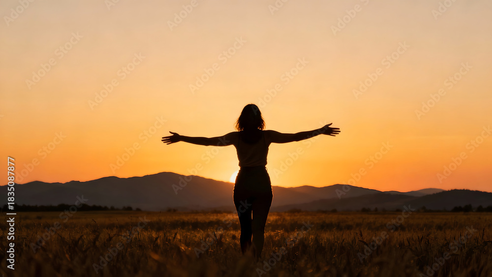 Fototapeta premium Silhouette of woman with open arms at sunset