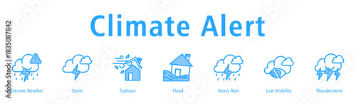 Climate Alert web banner icon vector illustration with icons of Extreme Weather, Storm, Typhoon, Flood, Heavy Rain, Low Visibility, and Thunderstorm.