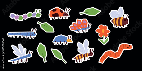 Childlike Colourful Insects with Butterfly, Caterpillar, Bee, Beetle and Worm. sticker elements. Geometric Childish Bug Cartoon shapes. kids decor. Flat Vector Illustration.