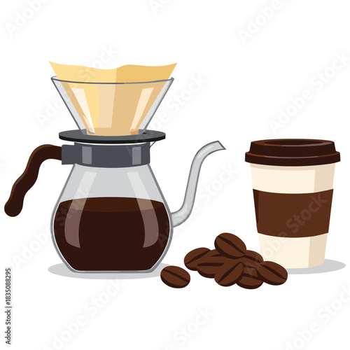 Pour Over Coffee Maker with Glass Carafe and Disposable Cup with Coffee Beans on Black Background Detailed Illustration