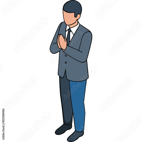 Professional Man in Gray Suit and Blue Trousers Clasps Hands in Greeting Gesture Against Black Background with Clean Lines and Simple Flat Design Style
