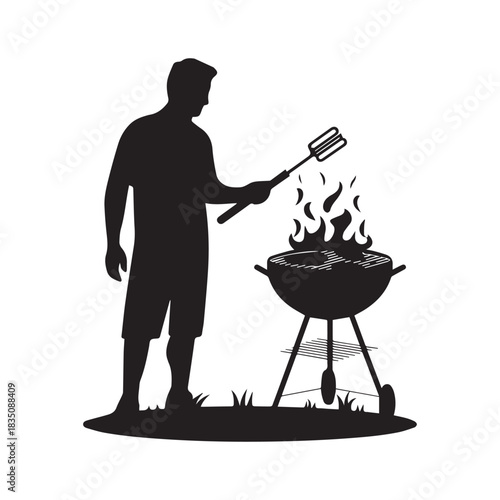 Black Silhouette of a Man Grilling Food Over Hot Flames on a BBQ. 