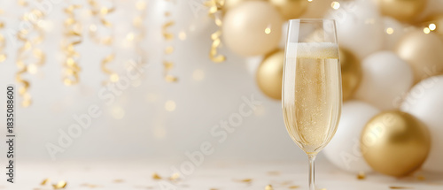 Celebrate joy of Christmas with sparkling glass of champagne against festive background adorned with golden balloons and shimmering decorations