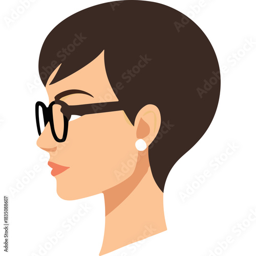 Profile Portrait Of A Woman With Short Brown Hair And Black Eyeglasses Wearing Black Stud Earrings Against A Black Background And A Subtle Peach Skin Tone