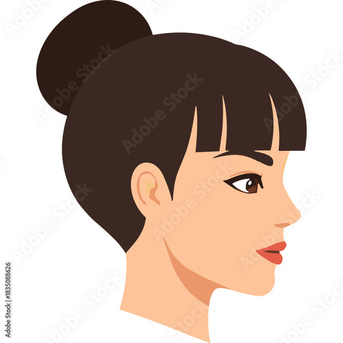 Profile portrait of a young woman with dark brown hair styled in a bun and bangs side view against a black background