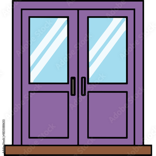 Purple Double Doors with Light Blue Glass Panes and Dark Handles Set Against a Black Background with a Brown Threshold Detailed Vector Illustration
