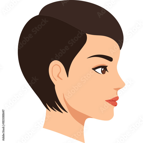 Profile Portrait Of A Young Woman With Short Brown Hair And Red Lipstick Featuring Subtle Makeup And A Clean Minimalist Aesthetic Against A Black Background