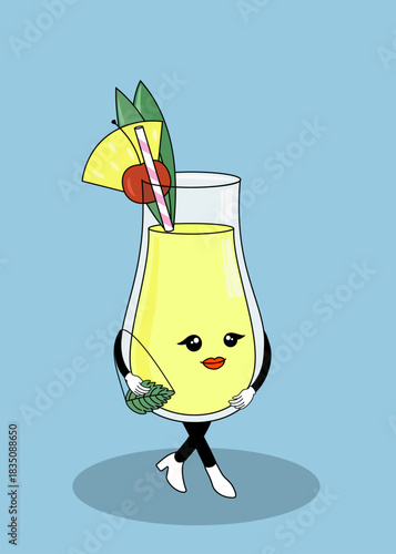 Pina Colada cocktail character  with cocktail straw and cherry in retro style on a blue background