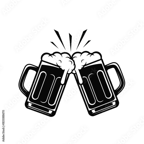 Two beer mugs clinking together in a cheers celebration black and white