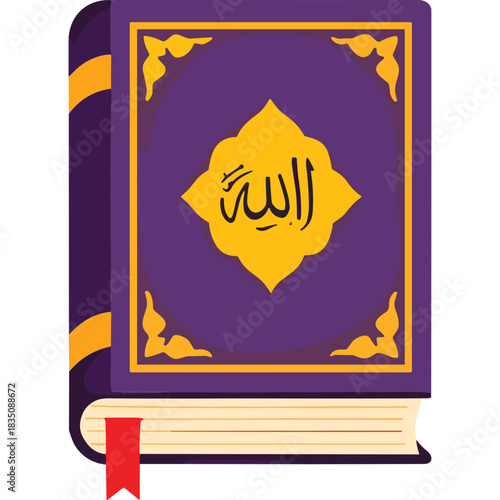Purple Islamic Holy Book with Golden Arabic Calligraphy and Yellow Spine Accents Featuring a Red Bookmark on a White Background