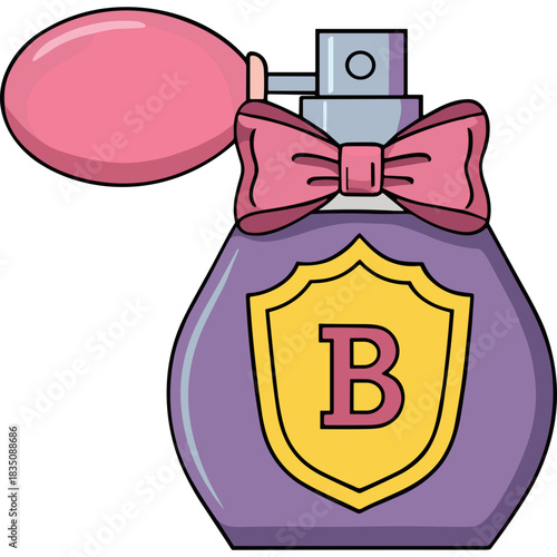 Purple Perfume Bottle With Pink Bow And Gold Shield With Letter B Vector Illustration