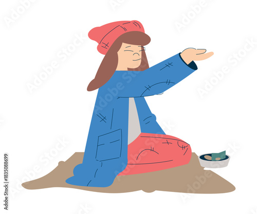 Homeless Girl Kid Beg for Money in the Street Vector Illustration