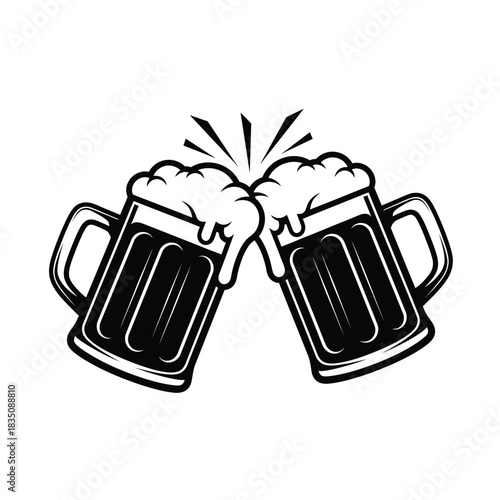 Two beer mugs clinking together in a cheers toast hand drawn style