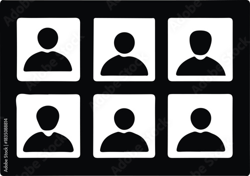 User Profile Grid Icon Set, Black icon grid showing multiple user profile silhouettes, representing team members, contacts, accounts, or people management in a digital interface.

