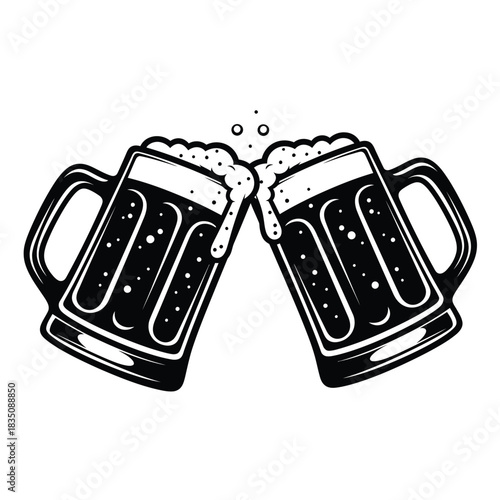 Two beer mugs toasting with frothy beer in black and white illustration