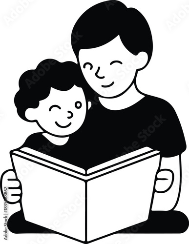 Parent Reading Book With Child, Black and white illustration of a parent reading a book with a child, expressing education, bonding, learning, and family time at home.

