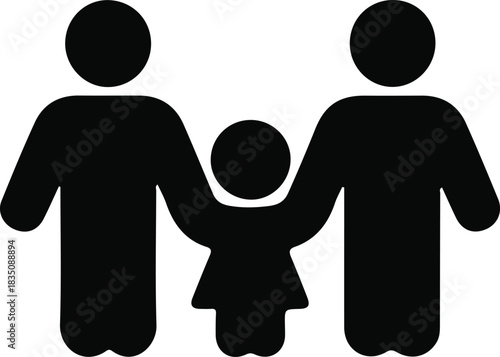 Family Silhouette Icon Holding Hands, Simple black silhouette icon of parents and child holding hands, symbolizing family unity, love, care, and togetherness in a minimal design.

