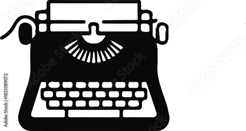 Vintage Typewriter Writing Icon Illustration, Black vintage typewriter icon representing writing, journalism, classic office equipment, and retro publishing concept isolated on white background.

