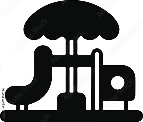 Children Playground Icon Black Silhouette, Minimal black playground pictogram showing slide, climbing structure, and play area, representing kids activity, outdoor play, and recreation.

