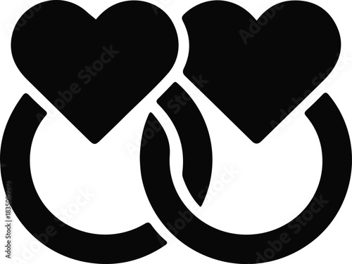Interlinked heart rings love symbol, Bold black icon of two hearts connected by circular rings, representing romance, partnership, marriage, or long-term commitment.

