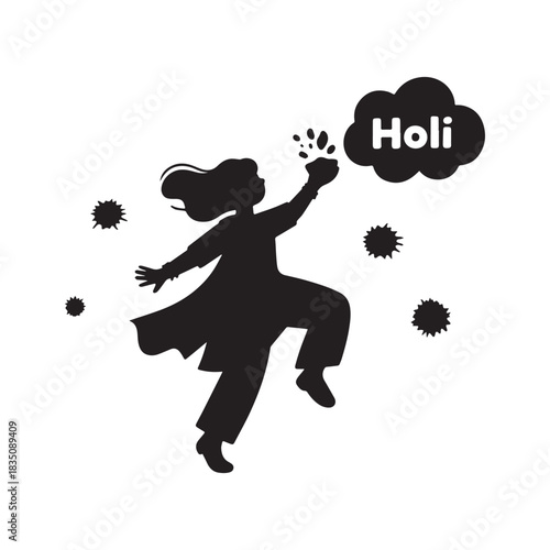Joyful Woman Silhouette Celebrating Holi Festival Throwing Color and Splashes.