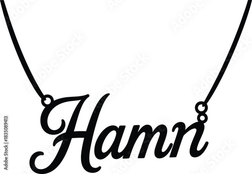 Black script nameplate necklace with the word Hamn on white background jewelry custom