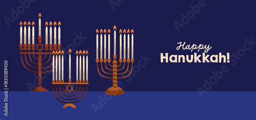 Happy Hanukkah greeting card, banner. Horizontal festive background with menorah candles for traditional Jewish holiday celebration. Judaic Hanuka with menora light. Flat vector illustration
