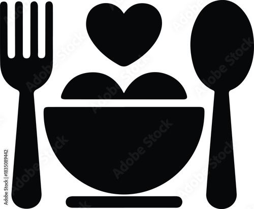 Healthy meal bowl icon with utensils, Simple black silhouette of a bowl with heart shapes, fork, and spoon, symbolizing healthy eating, love for food, and wholesome meals.

