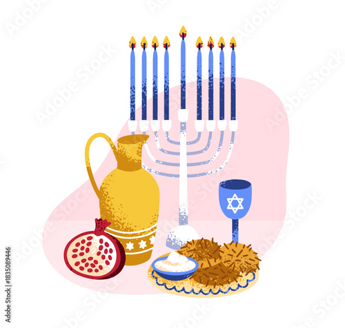 Hanukkah holiday celebration with traditional Jewish food, menorah candelabra. Festival latkes, dish, ceremony symbols, festive Hanuka meal. Flat vector illustration isolated on white background