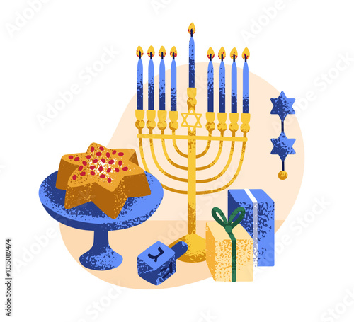 Hanukkah holiday with festive star cake, menorah candelabrum, candles, dreidel, sweet dessert, pastry, gifts. Traditional Jewish festival symbols. Flat vector illustration isolated on white background