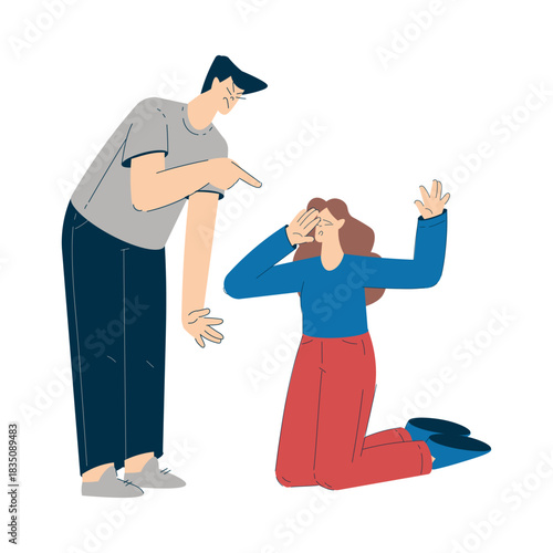 Domestic Abuse and Violence with Man Character Hitting Woman Vector Illustration