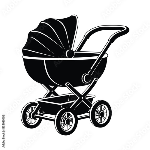 Black silhouette of a vintage baby carriage stroller