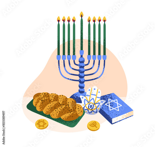 Hanukkah food, book and menorah, Festive Jewish tradition symbols for Hanuka holiday celebration. Challah braided bread, hamsa amulet, coins. Flat vector illustration isolated on white background