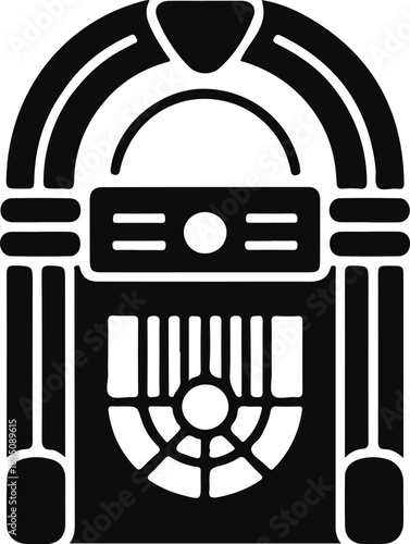 Retro Jukebox Icon, A bold black silhouette icon of a classic jukebox. It features an arched top, decorative horizontal bars, a central display panel, and a detailed speaker grille, evoking vintage m
